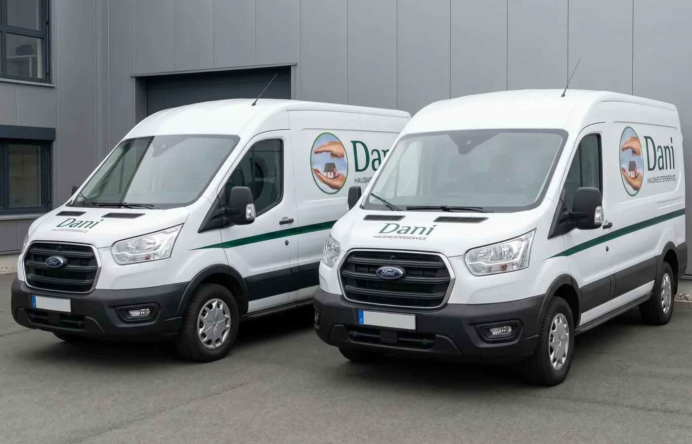 Das Team der Dani GmbH Objektservice mit dem Fuhrpark am Standort München-Pasing